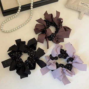 Set di elastici per capelli in rete a pois con grandi fiocchi nero, marrone e lilla