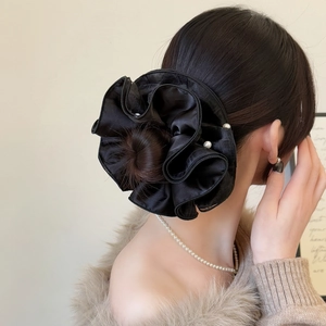 Elegant black mesh hair scrunchie with pearls for stylish bun hairstyles