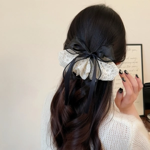 Sweet French lace and black satin bow spring clip hair accessory for women