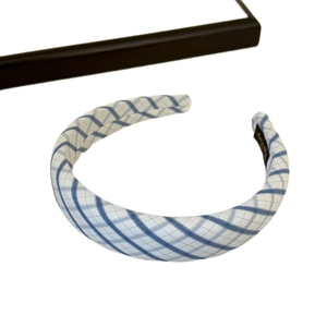 Blue and white plaid fabric headband for women with classic preppy stripe pattern