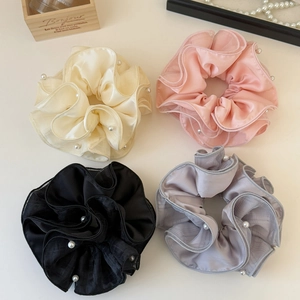 Elegant silk mesh scrunchies set with pearls in beige, pink, black and grey colors