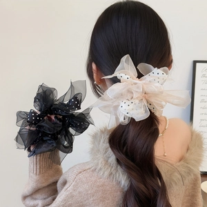 Women Large Polka Dot Organza Hair Scrunchies Sweet Layered Mesh Ribbon Ponytail Holder Elegant Hair Accessories For Girls