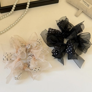 Polka dot mesh oversized scrunchies in cream and black colors for voluminous ponytails