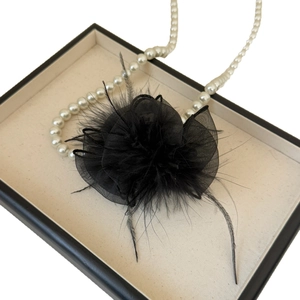 Elegant 7cm black ostrich feather hair claw clip with mesh flower on pearl tray