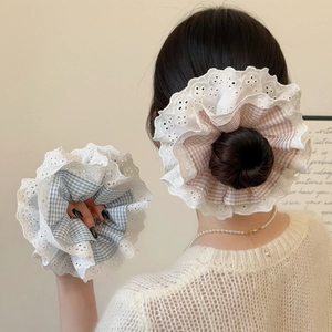 Chouchou en Dentelle à Carreaux Doux Quatre Couches Grand Élastique Cheveux Style Coréen Bandeau Cheveux Floral Femme