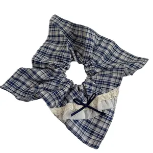 Blue plaid scrunchie with lace trim and bow for women elegant hair styling