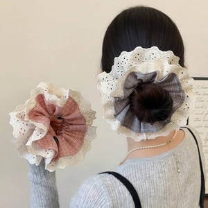 Korean Style Elegant Sweet Plaid Four Layer Lace Oversized Scrunchies Handmade Full Hair Tie Ponytail Holder For Women