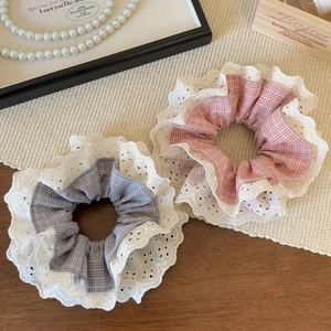 Plaid lace scrunchies set in pink and blue for elegant bun hairstyles and ponytails