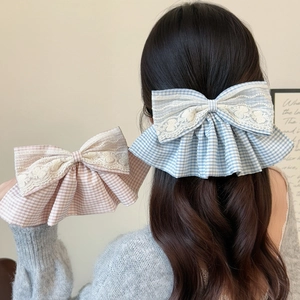 Barrette à Cheveux Douce Nœud en Dentelle Plaid Grande Pince à Ressort Élégante Épingle à Cheveux en Tissu pour Femmes Filles Accessoires Cheveux Coréens
