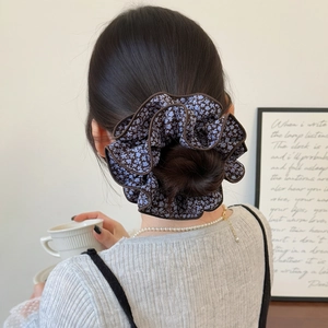 Large Floral Print Fabric Scrunchie Handmade Pleated Elastic Hair Band Elegant Ponytail Holder For Women Korean Hair Ties