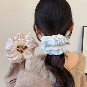 Women Plaid Fabric Scrunchie With Lace Edge White Ribbon Bow And Faux Artificial Pearl Sweet Preppy Style Hair Accessories Hair Tie