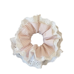 Chouchou à carreaux roses et dentelle blanche pour femme accessoire de cheveux printanier
