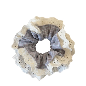 Elegant grey plaid hair scrunchie with four layers of white lace and floral embroidery