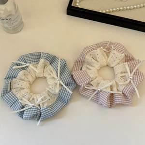 Blue and pink plaid scrunchies set with lace ribbons and pearl accents for women