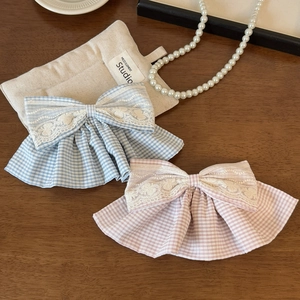 Barrettes à cheveux à carreaux bleus et roses avec bordure en dentelle pour filles