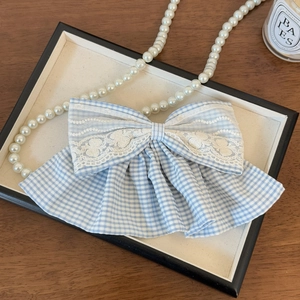Détail d'une pince à cheveux à carreaux bleus avec broderie en dentelle et ressort
