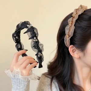 Elegant Mesh Pleated Beaded Headband For Women Rhinestone Embellished Toothed Non-Slip Volumizing Fashion Hair Band Accessories