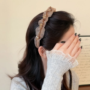 Champagne mesh pleated headband with beaded details for an elegant voluminous hair look
