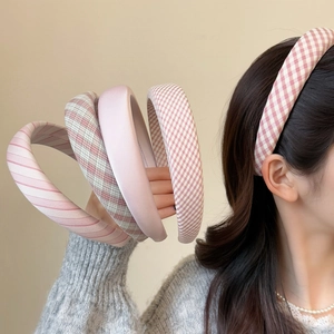 Sweet Pink Padded Sponge Headband For Women Fresh Plaid Stripe Solid Fabric Hair Band Korean Style Hair Accessories