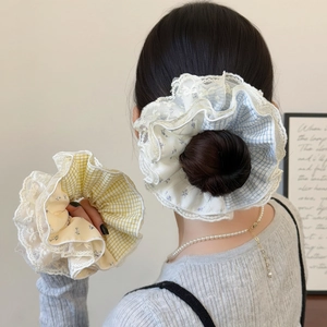 Korean Style Large Scrunchie Lace Trim Gingham Floral Pattern Sweet Handmade Hair Tie Elastic Hair Band For Women Spring Summer Hair Accessory