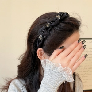 Puffy black satin headband with crystal beads for high skull top hair styling for women