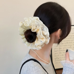 Lace and plaid oversized scrunchie hair accessory for elegant bun hairstyles
