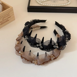 Luxurious beaded mesh headbands with non-slip teeth in champagne and black set