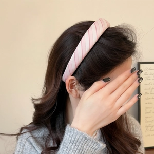 Pink striped wide sponge headband for women with voluminous high top hair styling effect