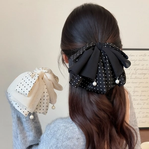 Grande Pince à Cheveux Nœud à Pois Avec Pendentif Künstliche Perle Pince Crabe en Satin Vintage Français Élégante pour Femme Quotidien