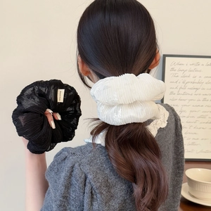 Large Pleated Mesh Scrunchies For Women Fashion Striped Elastic Hair Bands Handmade Label Ponytail Holder Hair Ties