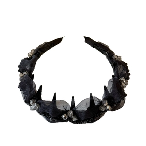 Gothic black mesh headband with sharp spikes and faceted beads for high top hairstyle
