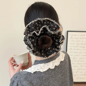 Black Floral Mesh Scrunchie With White Lace Trim Pleated Hair Tie Elastic Hair Band For Women Daily Hair Styling Accessory