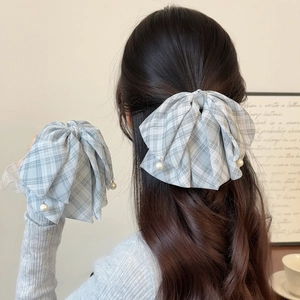 Pince à Cheveux Nœud Plaid Style Coréen Avec Pendentif Fausse Künstliche Perle Doux Ruban Bleu Pince à Cheveux Pour Femmes Filles
