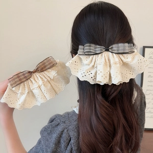 Pince À Cheveux Nœud En Dentelle Française Vintage Plaid Barrette À Ressort Pour Femmes Doux Élégant Accessoires De Coiffure