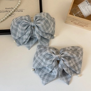 Barrettes à cheveux à carreaux gris avec nœud et perles élégantes pour femmes