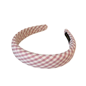 Pink and white plaid wide sponge headband for women with a puffy vintage high crown design