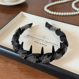 Sparkling rhinestone punk style black headband with spikes and satin wrap for women