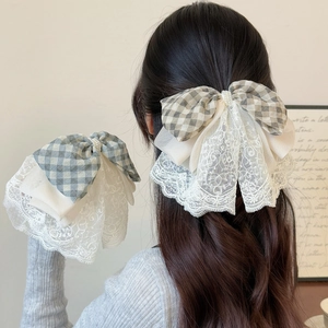 Large Plaid Lace Bow Hair Clip With Faux Artificial Pearl French Vintage Sweet Ponytail Clip Fashion Hair Accessories For Women
