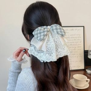 Elegant large double-layered lace plaid bow hair claw with pearl for high volume ponytail