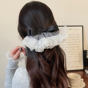 Barrette à Nœud Pied-de-poule Rétro Français Dentelle Pois Satin Barrette à Ressort Élégant Accessoire Cheveux Femme Arrière Tête