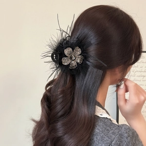 Elegant Black Feather Rhinestone Flower Hair Claw Clip French Vintage Large Shark Clip Hair Accessory For Women Stylish
