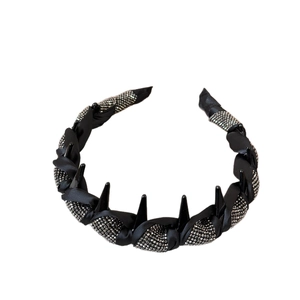 Gothic style headband with black satin wrap, silver rhinestones and punk spikes