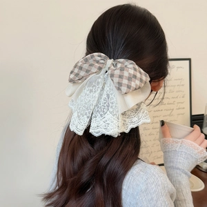 Lace plaid bow hair claw with pearls and brown fabric for high volume hair styles