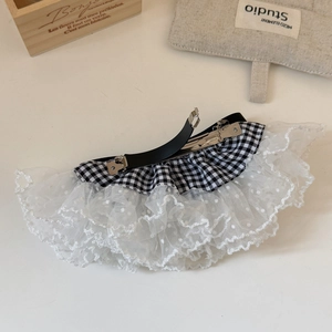 Barrette à cheveux élégante en dentelle pied-de-poule avec rubans noirs et tulle à pois