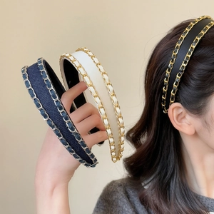 French Style Elegant Metal Chain Woven Headband For Women Vintage Satin Denim Fabric Hair Band Fashion Hair Accessories