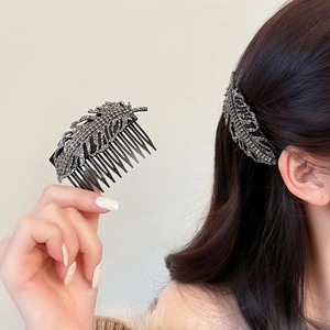 Vintage Leaf Feather Hair Combs Dark Rhinestone Inlaid Hair Clips Elegant Bun Fixing Women Party Styling Accessories