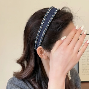 Denim chain headband in navy blue fabric with silver double metal chain braid design