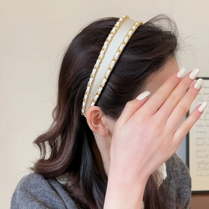 Elegant Korean style gold chain headband for women with beige cream fabric textures