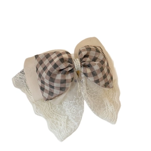 Princess style layered lace plaid hair claw clip with cream fabric and pearls