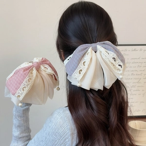 Sweet Plaid Lace Bow Hair Clip Elegant Chiffon Bowknot Ponytail Clip With Faux Artificial Pearl Vintage Hair Accessories For Women